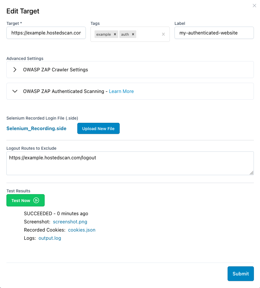 Step 2. Upload Selenium script and associate with Target.