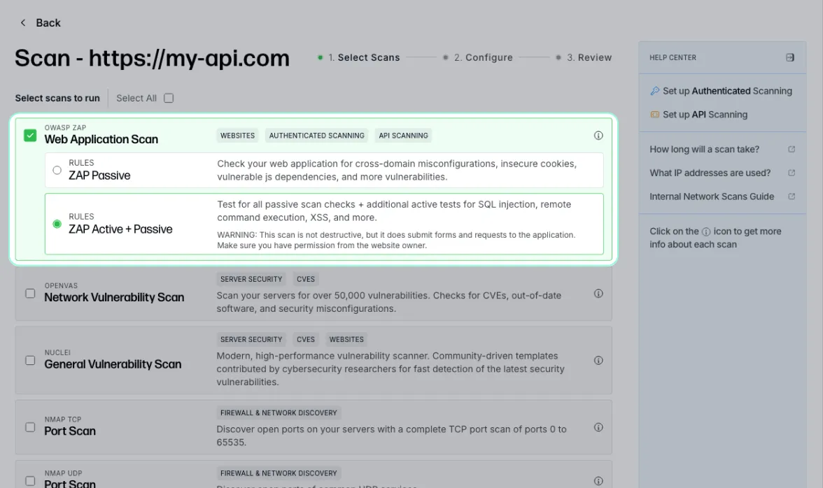 New Scan dialog with the OWASP ZAP Active scan option selected