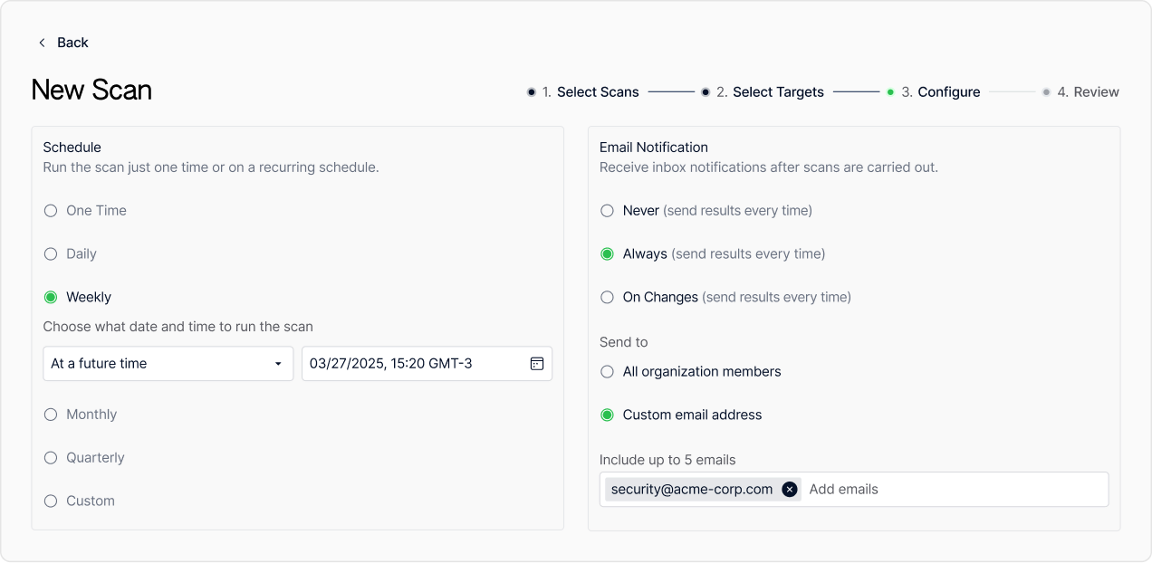 HostedScan New Scan wizard on the configure step, with a weekly schedule starting at a future date and email notifications sent to a custom address